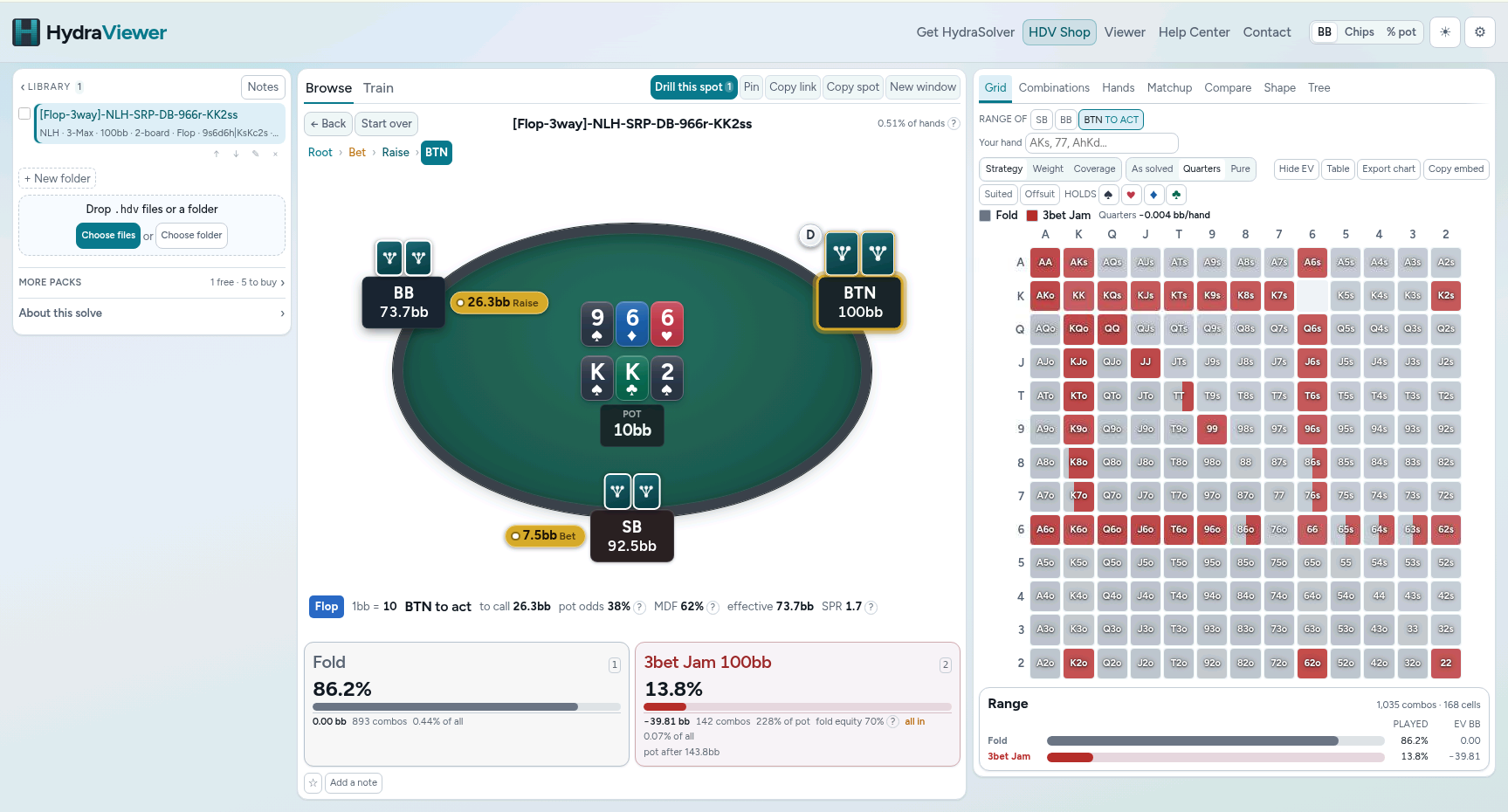 HydraViewer ouvert dans un onglet. La bibliothèque de packs occupe la gauche, un flop de No Limit Hold’em à trois joueurs est posé au centre sur un tapis avec le stack et la mise de chaque siège, et à droite une grille de stratégie 13×13 montre main par main le mélange fold et 3-bet jam du bouton, avec le nombre de combos et l’EV en dessous.